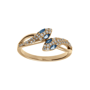 BAGUE PLAQUÉ OR SERPENT DOUBLE OXYDES BLANCS ET YEUX OXYDES BLEU
