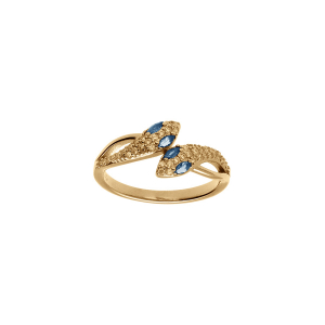 BAGUE PLAQUÉ OR SERPENT DOUBLE OXYDES BLANCS ET YEUX OXYDES BLEU