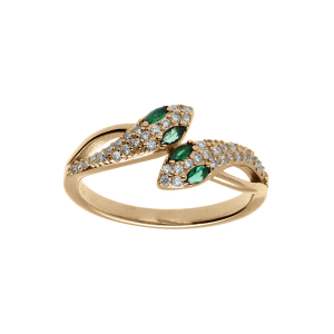 BAGUE PLAQUÉ OR SERPENT DOUBLE OXYDES BLANCS ET YEUX OXYDES VERTS