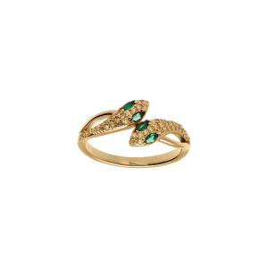 BAGUE PLAQUÉ OR SERPENT DOUBLE OXYDES BLANCS ET YEUX OXYDES VERTS