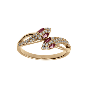 BAGUE PLAQUÉ OR SERPENT DOUBLE OXYDES BLANCS ET YEUX OXYDES FUSCHIA
