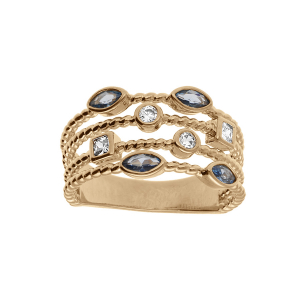 BAGUE PLAQUÉ OR 4 RANGS OXYDES BLANCS ET VIOLETS