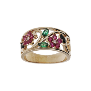BAGUE PLAQUÉ OR FLEURS OXYDES ROSE VERTS BLANCS ET NOIRS