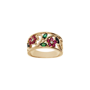 BAGUE PLAQUÉ OR FLEURS OXYDES ROSE VERTS BLANCS ET NOIRS