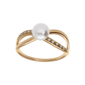 BAGUE PLAQUÉ OR CROISÉ PERLE DE CULTURE D'EAU DOUCE ET OXYDES BLANCS SERTIS
