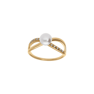 BAGUE PLAQUÉ OR CROISÉ PERLE DE CULTURE D'EAU DOUCE ET OXYDES BLANCS SERTIS