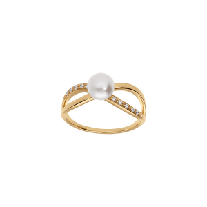 BAGUE PLAQUÉ OR CROISÉ PERLE DE CULTURE D'EAU DOUCE ET OXYDES BLANCS SERTIS