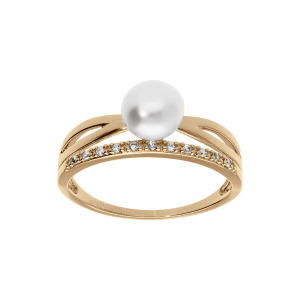 BAGUE PLAQUÉ OR CROISÉ PERLE DE CULTURE D'EAU DOUCE ET 1 RAIL OXYDES BLANCS SERTIS