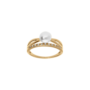 BAGUE PLAQUÉ OR CROISÉ PERLE DE CULTURE D'EAU DOUCE ET 1 RAIL OXYDES BLANCS SERTIS