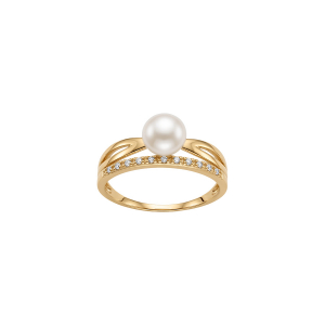 BAGUE PLAQUÉ OR CROISÉ PERLE DE CULTURE D'EAU DOUCE ET 1 RAIL OXYDES BLANCS SERTIS