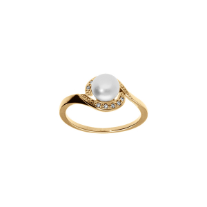 BAGUE PLAQUÉ OR PERLE DE CULTURE D'EAU DOUCE AVEC ENTOURAGE OXYDES BLANCS SERTIS