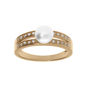 BAGUE PLAQUÉ OR PERLE DE CULTURE D'EAU DOUCE AVEC 2 RANGS OXYDES BLANCS SERTIS