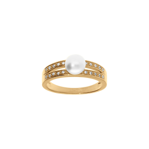 BAGUE PLAQUÉ OR PERLE DE CULTURE D'EAU DOUCE AVEC 2 RANGS OXYDES BLANCS SERTIS