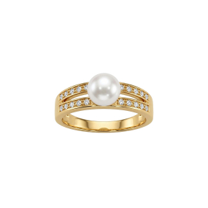 BAGUE PLAQUÉ OR PERLE DE CULTURE D'EAU DOUCE AVEC 2 RANGS OXYDES BLANCS SERTIS