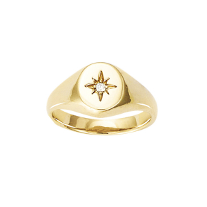 BAGUE PLAQUÉ OR FORME CHEVALIERE OVALE ETOILE OXYDE BLANC