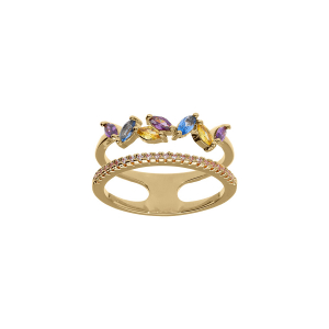 BAGUE PLAQUÉ OR  DOUBLE RANG OXYDES VIOLET BLEU ET JAUNE
