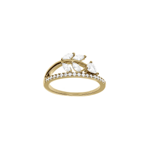 BAGUE PLAQUÉ OR FEUILLAGE OXYDES BLANCS SERTIS