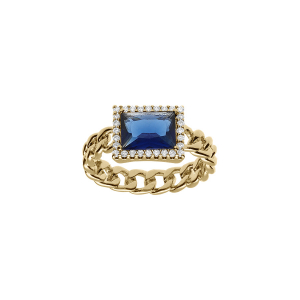 BAGUE PLAQUÉ OR MAILLES ENTRELACEES OXYDE BLEU CARRÉ ET CONTOUR OXYDES BLANCS