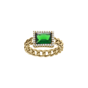 BAGUE PLAQUÉ OR MAILLES ENTRELACEES OXYDE VERT CARRÉ ET CONTOUR OXYDES BLANCS