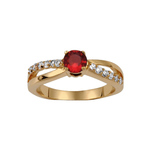 BAGUE PLAQUÉ OR CROISES PIERRE CENTRALE ROUGE + PIERRES BLANCHES