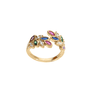 BAGUE PLAQUÉ OR NAVETTES MULTI COULEURS ET OXYDES BLANCS