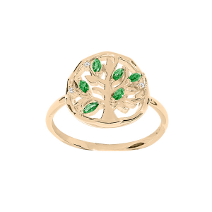 BAGUE PLAQUÉ OR ARBRE DE VIE OXYDES VERTS