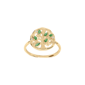 BAGUE PLAQUÉ OR ARBRE DE VIE OXYDES VERTS