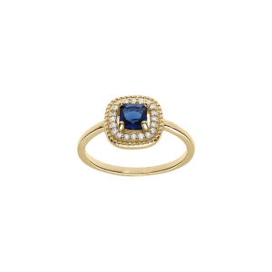 BAGUE PLAQUÉ OR CARRÉ BLEU FONCÉ CONTOUR OXYDES BLANCS