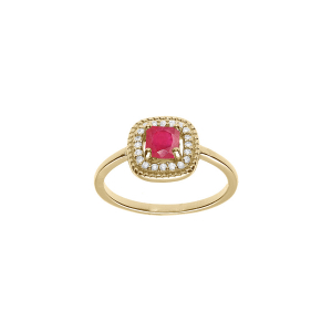 BAGUE PLAQUÉ OR CARRÉ OXYDE ROSE FUSCHIA ET CONTOUR OXYDES BLANCS