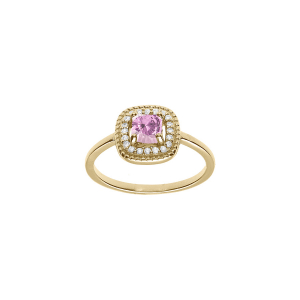 BAGUE PLAQUÉ OR CARRÉ ROSE CLAIR ET CONTOUR OXYDES BLANCS