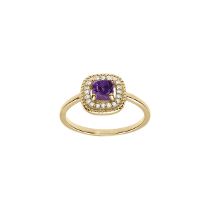BAGUE PLAQUÉ OR CARRÉ OXYDE VIOLET ET CONTOUR OXYDES BLANCS
