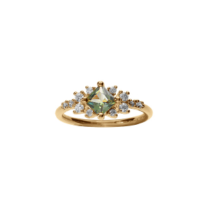 BAGUE PLAQUÉ OR OXYDE SERTI FORME CARRÉ VERT ET ENTOURAGE BLANCS