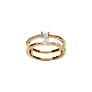 BAGUE PLAQUÉ OR DOUBLE ANNEAU RECTANGLE OXYDES BLANCS