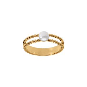 BAGUE PLAQUÉ OR DOUBLE ANNEAU BOULES PERLE DE CULTURE D'EAU DOUCE
