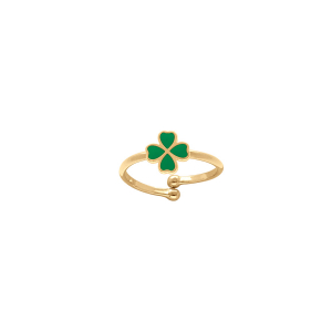 BAGUE PLAQUÉ OR OUVERTE RÉGLABLE TREFLE RÉSINE VERT