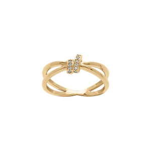 BAGUE PLAQUÉ OR  CROISÉE SOLITAIRE 2 RANGS OXYDES BLANCS SERTIS