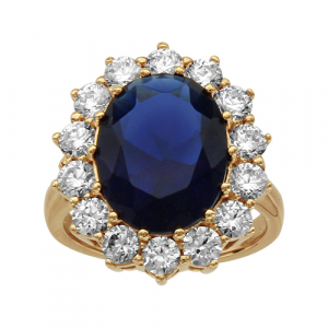 BAGUE PLAQUÉ OR GROSSE PIERRE CENTRALE BLEU FONCE ET CONTOUR PIERRES BLANCHES SYNTHETIQUE
