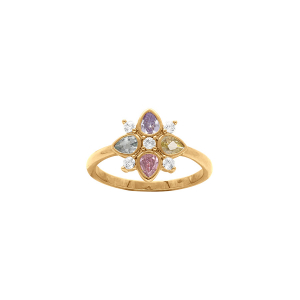 BAGUE PLAQUÉ OR FLEUR OXYDES COULEURS PASTELLES SERTI CLOS