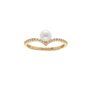 BAGUE PLAQUÉ OR FORME V OXYDES BLANCS ET PERLE DE CULTURE D'EAU DOUCE