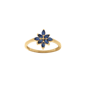 BAGUE PLAQUÉ OR FLEUR OXYDES BLEUS