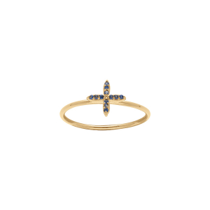 BAGUE PLAQUÉ OR CROIX OXYDES BLEUS