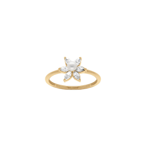 BAGUE PLAQUÉ OR FLEUR OXYDES BLANCS ET PERLE D'EAU DOUCE