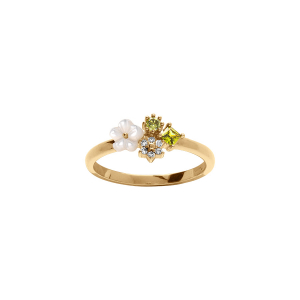 BAGUE PLAQUÉ OR JARDIN FLEURI OXYDES BLANCS ET VERT OLIVE ET FLEUR NACRE BLANCHE