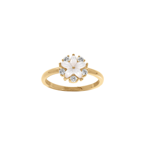 BAGUE PLAQUÉ OR FLEUR NACRE VÉRITABLE ET OXYDES BLANCS