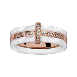BAGUE PLAQUÉ OR ROSE 2 ANNEAUX CERAMIQUE FACETE BLANCHE 1 RAIL OXYDES MICRO SERTIS BLANCS