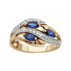 BAGUE PLAQUÉ OR 3 NAVETTES PIERRES BLEU SYNTHETIQUE ET OXYDES BLANCS SERTIS