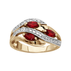 BAGUE PLAQUÉ OR 3 NAVETTES PIERRES ROUGE SYNTHETIQUE ET OXYDES BLANCS SERTIS