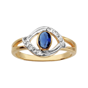 BAGUE PLAQUÉ OR2 TONS PLATEAU OVALE PIERRE BLEUE CONTOUR PIERRES BLANCHES SYHTN