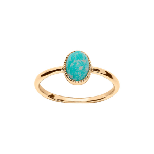 BAGUE PLAQUÉ OR CABOCHON CONTOUR PERLÉ PIERRE AMAZONITE VÉRITABLE