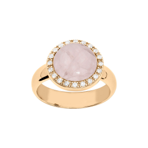 BAGUE PLAQUÉ OR CABOCHON CONTOUR OXYDES BLANCS SERTIS PIERRE QUARTZ ROSE VÉRITABLE